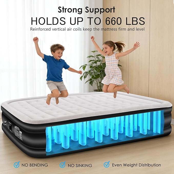 Air Mattress Queen with Built in Pump,Comfortable Waterproof Flocked Surface Inflatable Mattress for Temporary Family Stays and Travel,14-Inch Blow Up Mattress Inflates in 3 Minutes