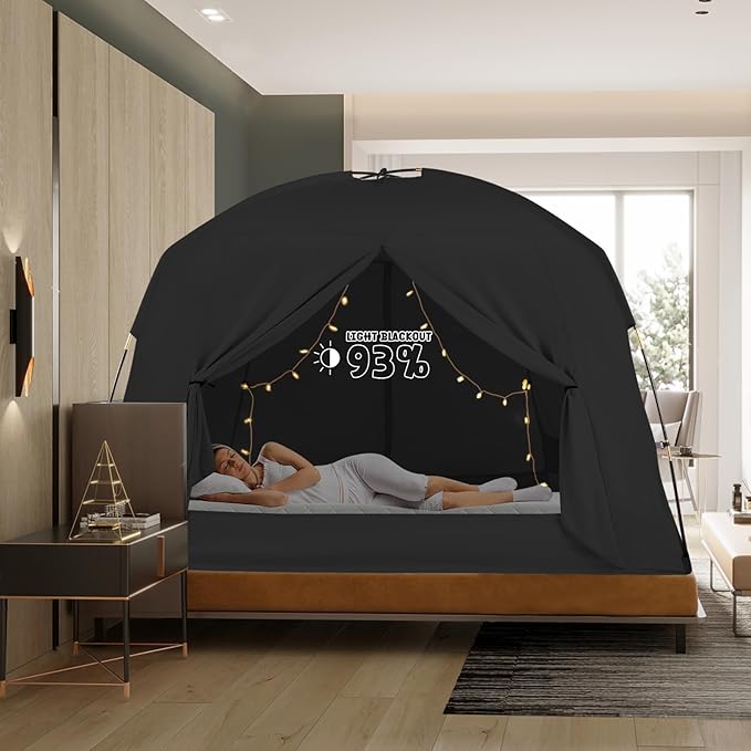 Bed Tents for Kids and Adult, Portable 100% Breathable and 93% Blackout Toddler Toddler Dream Paly Tent, 3 Doors Privacy Space Sleeping Canopy for Floor or Twin Full Queen Sizes Bed (Black, Full-Size)