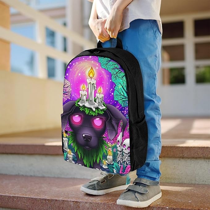 Supdreamc Men Women Lightweight Surrealist Dog Halloween Skeletons Flowers Fantasy Art Casual Daypack Big Capacity Bookbag With Padded Straps for Gym Travel Walking Cycling