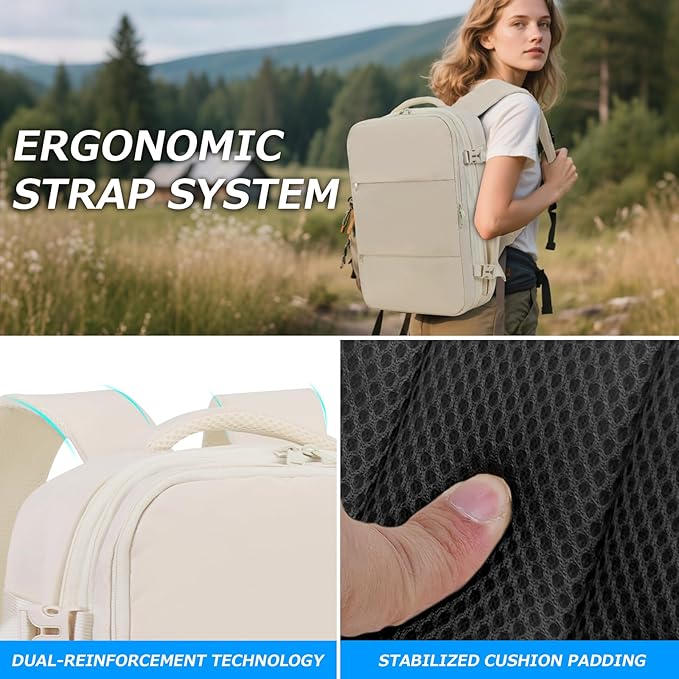 Air Vacuum Compression Travel Backpack: Expandable Beige Carry On Bag Vacuum with Pump Fits 17.3 inch Laptop for Women & Men - Suitable for Business, Camping and Work Water-resistant