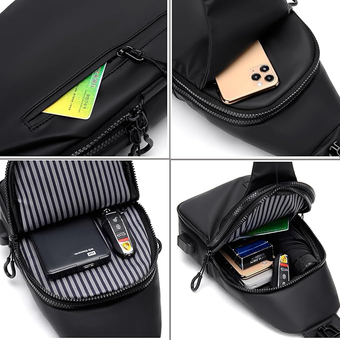 Waterproof Sling Bag for Men Crossbody Bag Shoulder travel Backpack Sling with USB Charging Port Anti Theft Cross Body Bag Chest Daypack for Hiking Sports Running Women-Black