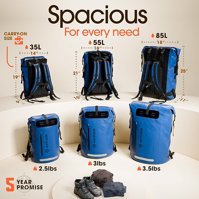 Earth Pak Waterproof Backpack - Heavy Duty Hiking Backpack - Roll-Top Closure Bag - Cushioned Dry Bag Waterproof Phone Case