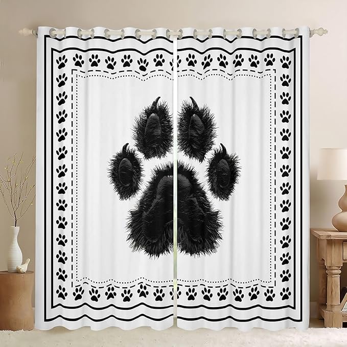 Manfei Bear Paw Print Blackout Curtains Black Claw Print Window Drapes,Wild Animal Footprints Window Treatments,Kids Boys Girls Room Decor,Grommet Top 2 Panel Set Bedroom Curtains, 52Wx63L inch
