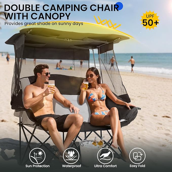 DoCred Double Beach Camping Chair with Canopy, Folding 2 Person Camping Sofa Seat, Portable Outdoor Loveseat with Shade, Oversize Camp Chair for Lawn, and Outdoor Activities