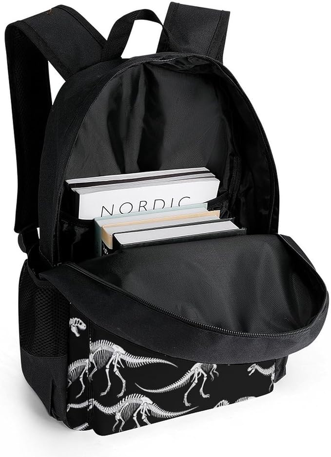 Supdreamc Men Women Lightweight Dinosaur Skull Skeleton Black Backpack Large Capacity Bookbag With Smooth Zippers for Gym Business Running