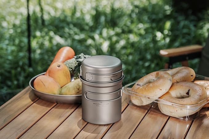 iBasingo Backpacking Cookset Titanium Camping Pots Set Ultralight Outdoor Picnic Pots Pans with Folding Handle Druable Portable Cooking Mess Kit Compact Picnic Dishes Bowls Cups (Multiple Sizes)