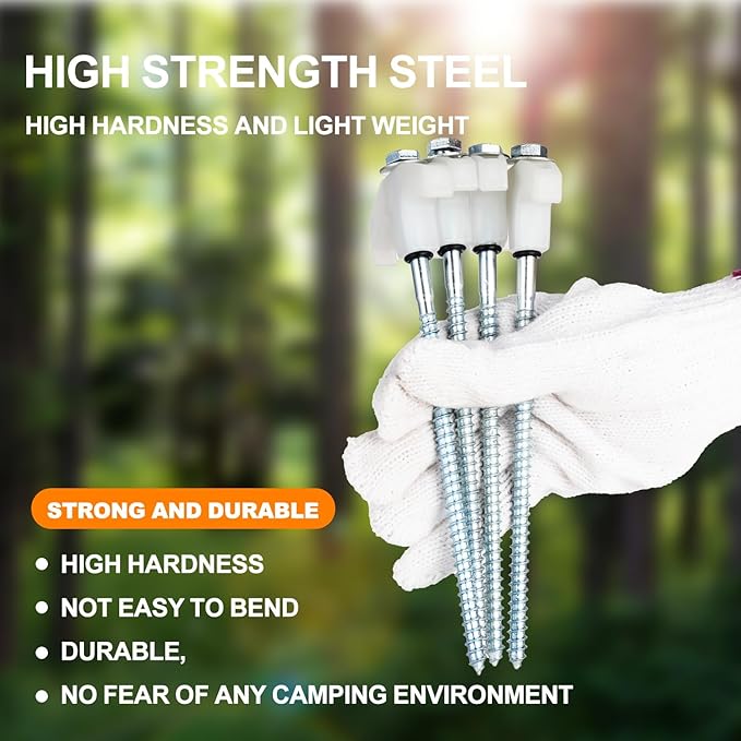 10PCS Camping Tent Stakes - Heavy Duty, 8 Inch Screw in, Nightglow Metal, with Hex Head Driver, Nail Lifter, Ropes, White