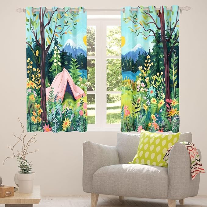 Manfei Camper Camping Kids Blackout Curtains,Tent RV Trailer Rustic Adventure Window Drapes,Daisy Flowers Leaf Mountain Lake Nursery Bedroom Playroom Decor,Pink 2 Panels,38Wx54L inch