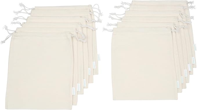 Reusable Cotton Storage Produce Bags With Drawstrings Medium 8x10 inch (12 Psc), Muslin Bags - For Bulk Food Storage, Vegetable, fruit, Food, Snack, Footwear, Toys Storage Bag