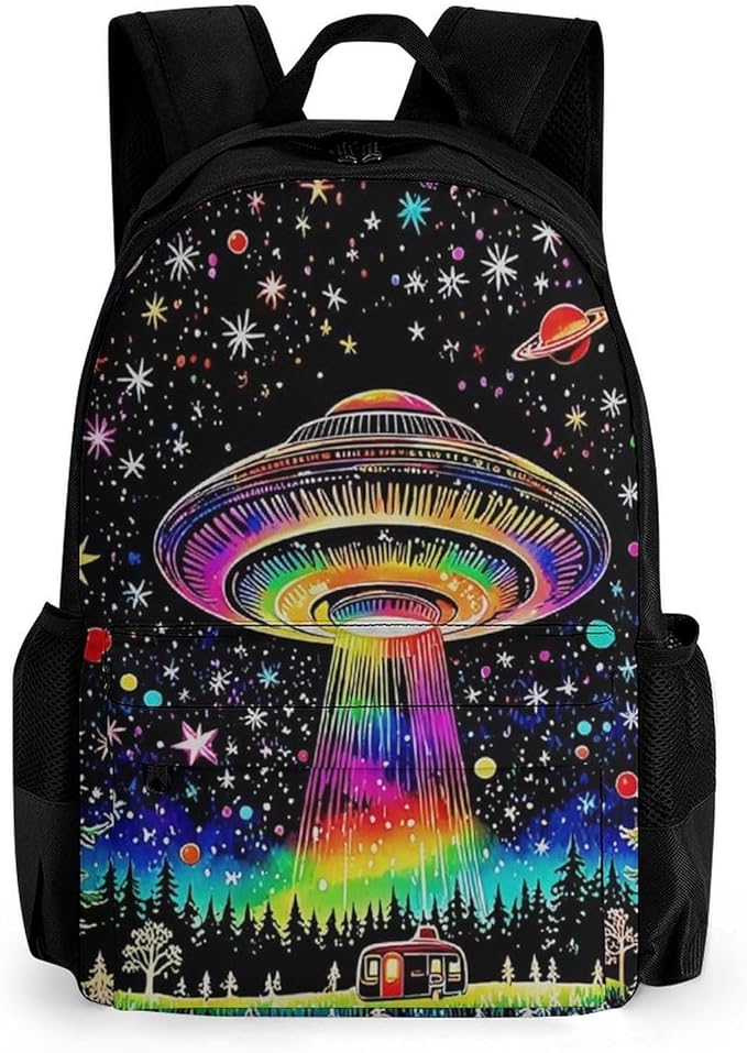 Supdreamc Men Women Polyester Colorful Magical Spaceship Art Daypack Bookbag Big Capacity Shoulder Bag With Padded Straps for Climbing Travel Walking Cycling