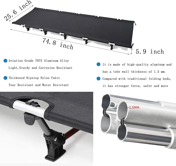 OSWIN Ultralight Camping cot, Portable Camping Cots for Adults, Folding Backpacking cot, Suitable for Outdoor Travel, Hiking,Mountaineering, Light Backpacking (Black)