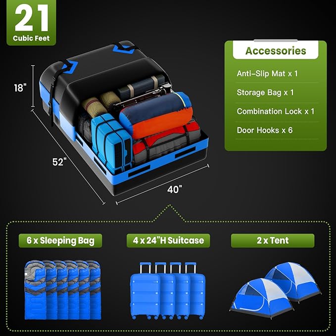 21 Cubic Feet Car Rooftop Cargo Bag Carrier, Soft Roof Top Luggage Bag for All Vechicles with/Without Racks - with Waterproof Zip, Luggage Lock, Anti-Slip Mat, Storage Bag, Door Hooks, Blue