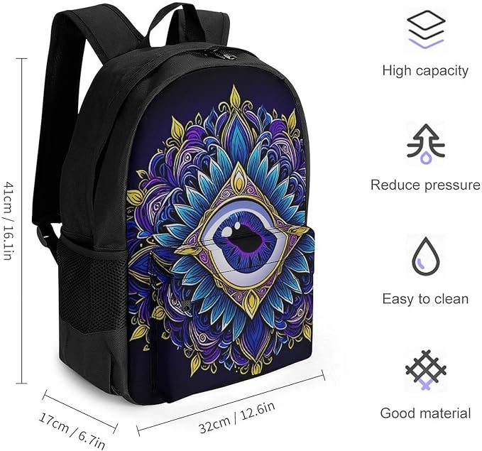 Men Women Lightweight Abstract Symbol Of All Seeing Eye Boho Indian Ethnic Style Backpack Large Capacity Carry On Bag With Padded Straps for Sports Work Walking Cycling