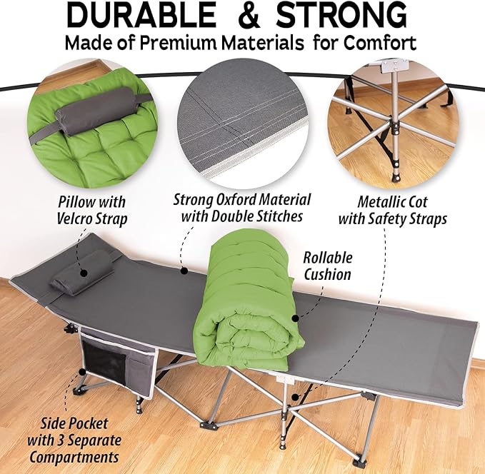 ZONETECH Folding Outdoor Camping Travel Cot and Cot Pad - Premium Quality Lightweight Portable Heavy Duty Adult & Kids Travel with Large Pocket and Cushion