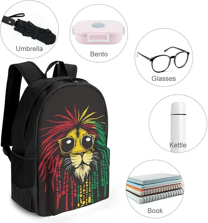 Polyester Daypack Backpack for Trekking Picnic Walking Cycling, Large Capacity Anti-Theft Multipurpose Shoulder Bag, Rasta Lion Sunglasses Casual Daypack