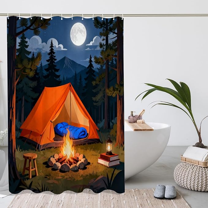 Tent Shower Curtain, Outdoor Adventure Campfire Moon Summer Orange Polyester Waterproof Clawfoot Tub Shower Curtains Decor for Toile Bathroom Dorm 72x78 Inch