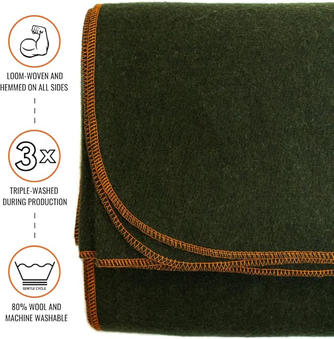 Arcturus Military Wool Blanket - Warm, Thick, Washable - Great for Outdoors, Camping, Stadium Blanket, Picnics, Travel - Car & Bushcraft Survival Kits