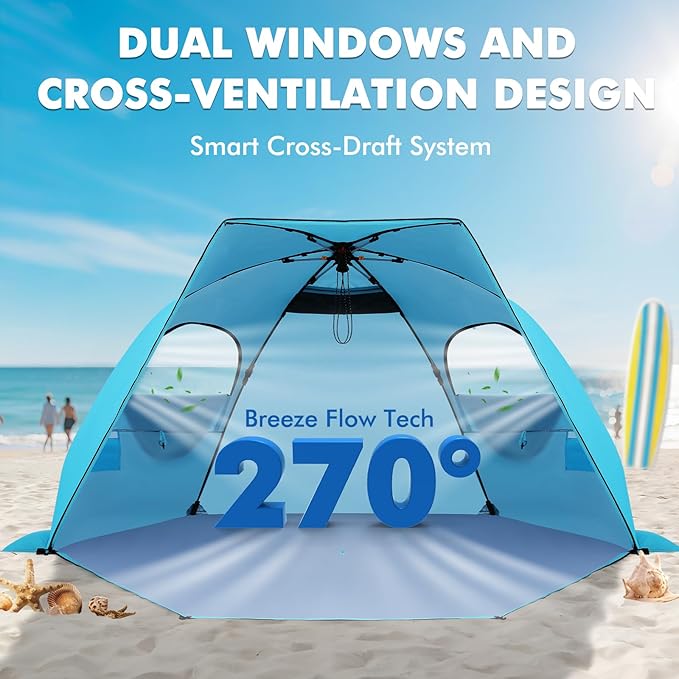 Elegear CumbreX™ Beach Tent with Canopy 4-6 Person, 1-Second Umbrella-Style Setup Pop Up Sun Shelter Shade, UPF 50+ UV Protection Four-Layer Silver-Coated Lightweight Portable Beach Cabana - Aqua Blue