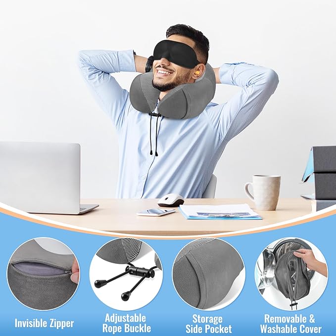 CloudBliss Travel Pillow Premium Memory Foam, Comfortable & Supportive Neck Pillow, Neck Pillows for Sleeping Travel, Airplane Pillow for Sleeping Airplane, Car, Office and Home（Black & Dark Grey）