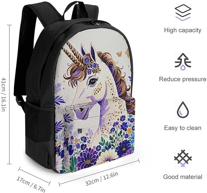 Supdreamc Men Women Polyester Unicorn Purple Flower Daypack Big Capacity Shoulder Bag With Adjustable Shoulder Straps for Camping Travel Walking Cycling