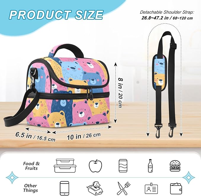 Double-Layer Lunch Bag Cartoon Bears Double Deck Cooler Bags with Detachable Shoulder Strap for Office Picnic Hiking Beach lonchera termo para comida Caliente