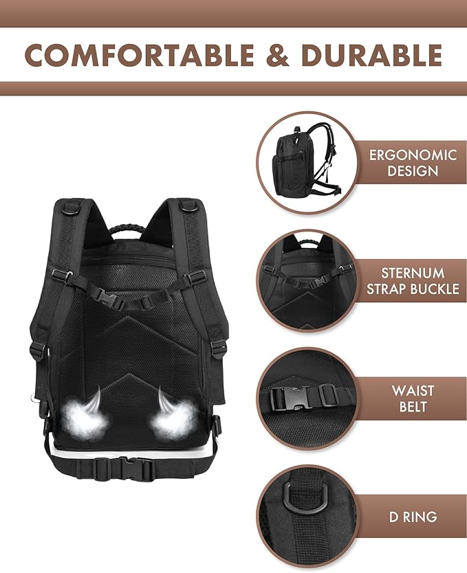TRAILKICKER Military Tactical Backpack 40L for Men, Hiking Camping Molle EDC Daypack Army Assault Pack Lightweight Work Backpack with Water Bladder Compartment, Black