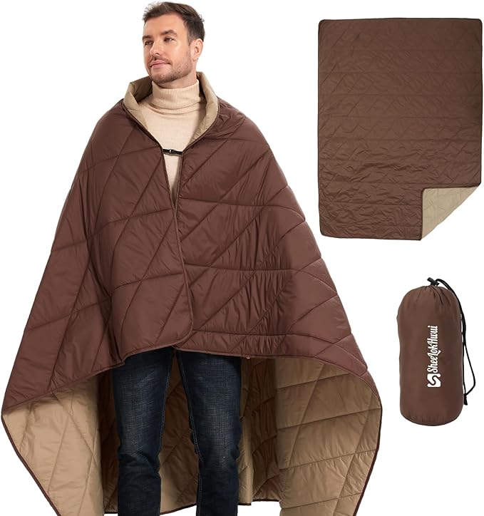 Outdoor Puffy Blanket, Reversible Warm Camping Blanket, Water-Resistant, Packable, Lightweight, Camping Quilt, for Stadium, Backpacking, Hammock, Picnic. 79"x55". Classic Coffee