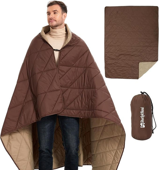 Outdoor Puffy Blanket, Reversible Warm Camping Blanket, Water-Resistant, Packable, Lightweight, Camping Quilt, for Stadium, Backpacking, Hammock, Picnic. 79"x55". Classic Coffee