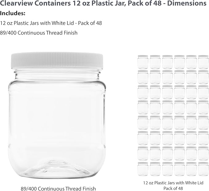 Plastic Storage Jars with Leak Proof Lids, BPA Free, Hand Wash Only (12oz Jar, 48PK)