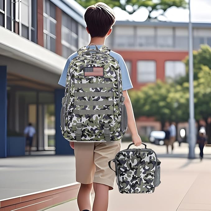 Camo Backpack for Boys 3 in 1 Set, 19 Inch 55L Tactical Bookbag with Lunch Box Pencil Case, Molle System School Backpack for Elementary Middle High School, Outdoor Camping Hiking Travel for Kids Teens