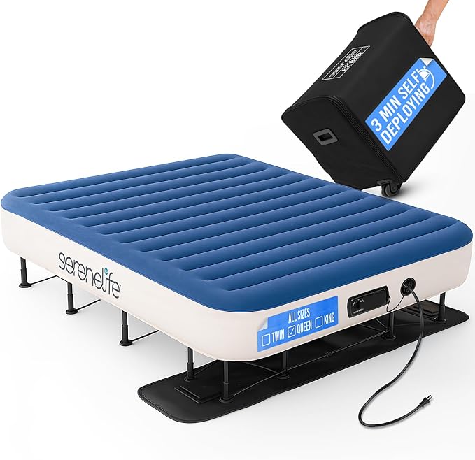 SereneLife (Queen) EZ Bed Air Mattress with Frame and Rolling Case - 3 Min Self Inflating Air Bed with Upgraded U-Coil Mattress and Premium Soft Flocked Top, Wall Plug AC Powered Inflate and Deflate