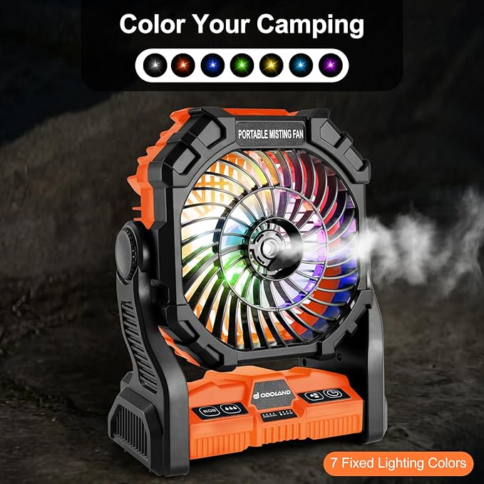Odoland 20000mAh Camping Fan, Portable Misting Fan with Light, Battery Operated Rechargeable Mister Tent Fans with Hook & 250mL Water Tank, Cooling Mist for Outdoor Beach Patios RV Car Summer