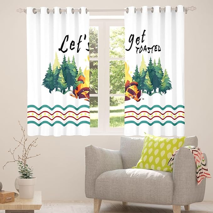 Happy Camping RV Blackout Curtains,Bonfire Campfire Pine Tree Natural Boys Girls Room Decor,Camper Trailer Rustic Farmhouse Window Drapes,Green 2 Panels,52Wx96L inch