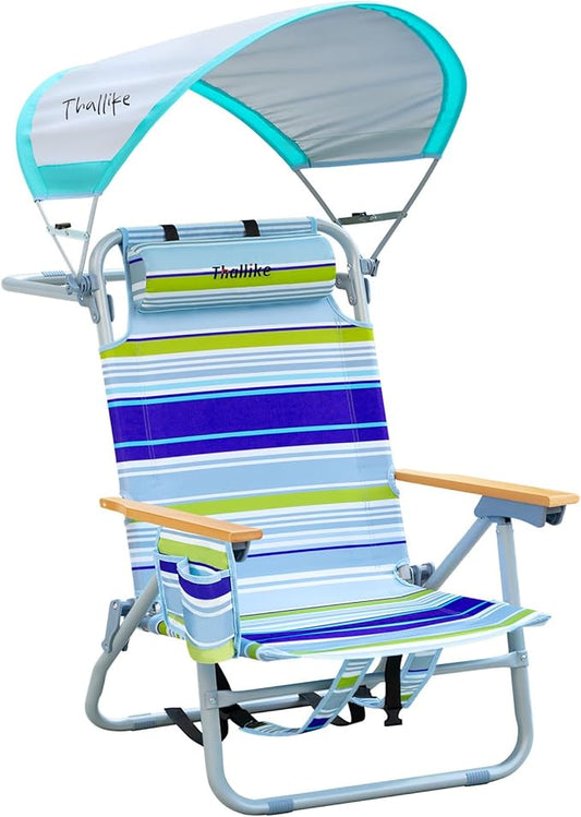 4-Position Reclining Backpack Beach Chair with Canopy Headrest Cooler Bag Cup Holder Towel Bar Storage Pouch Wooden Armrests Aluminum Frame Supports 400 lbs Foldable for Adults Camping Travel