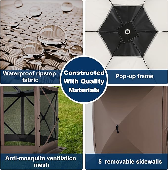 COBIZI Pop Up Gazebo Screen Tent Screen House for Camping, 12x12 Screen Room with Mosquito Netting, Hub Tent Instant Screened Canopy with Carrying Bag and Ground Stakes, Brown