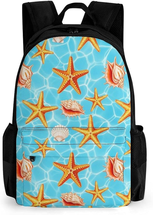 Large Rucksack for Outdoor Hiking and Camping with Daypack Design, Summer Beach Starfish Seashell Daypack Backpack Men Women