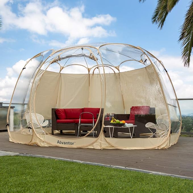 Alvantor Pop Up Bubble Tent - 10’ x 10’ Instant Igloo Tent - 4-6 Person Screen House for Patios - Large Oversize Weather Proof Pod - Cold Protection Camping Tent - Beige