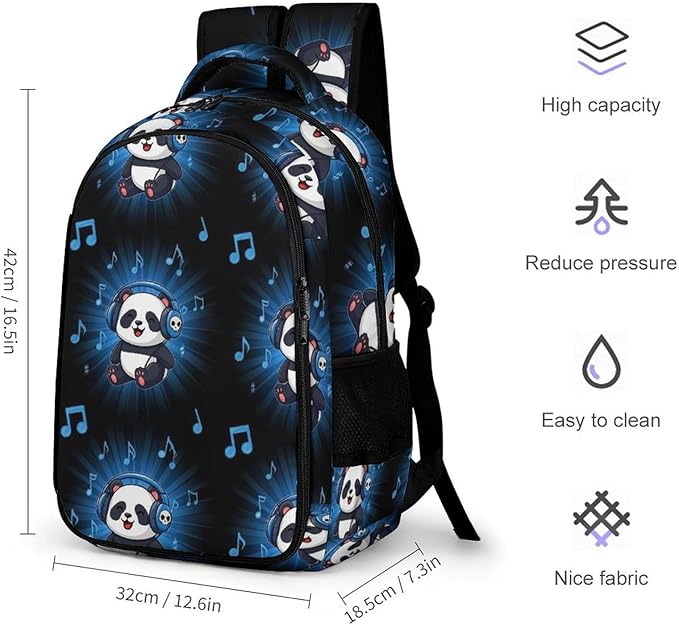 Waterproof Hiking Backpack Panda Animal Headphones Music, Anti Theft Travel Laptop Rucksack with Multi Compartments for Men Women Outdoor Sports