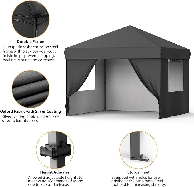 10X10 Pop Up Canopy Tent with 4 Sidewalls, Heavy Duty Commercial Instant Shelter, One-Person Quick Setup Outdoor Party Tent, Water-Resistant & Portable for Outdoor Events, Camping, Black