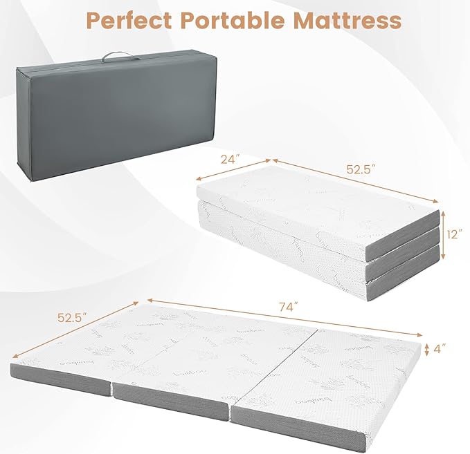 Giantex Folding Mattress, 4 Inch Gel-Infused Tri-fold Mattress with Bamboo Cover & Carry Bag, CertiPUR-US Certified, Foldable Cooling Mattress Topper for Guest Room Dorm RV Camp Floor, Full