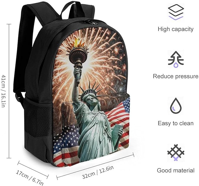 Supdreamc Men Women Lightweight Statue Of Liberty American Flag Firework Patriotic Casual Daypack Big Capacity Bookbag With Padded Straps for Gym Travel Walking Cycling
