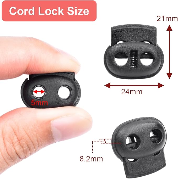 25 Pack Plastic Small Spring Cord Lock for Drawstring Replacement, Elastic Shoelaces Clip Double Hole Paracord Toggle Stopper for Sweatpants Flashlight Glove Hats Hoodie String Lock