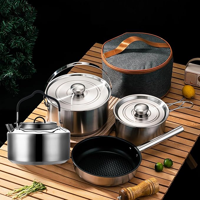 Jorunhe 7PCS Camping Cooking Set,Camping Cookware Mess Kit,304 Stainless Steel Camping Cookware with Travel Tote Bag for Camping Outdoor Cooking & Picnic,RVs