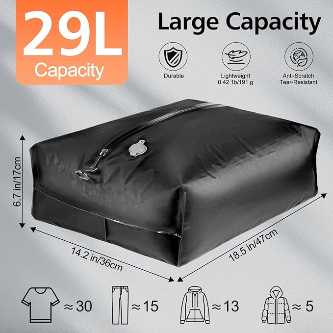 Vacuum Bags for Travel Luggage with Wireless Pump,29L Large Capacity,IP67 Waterproof,Reusable Vacuum Compression Travel Bags for Hiking & Camping,Suitcase,Home Storage(2Pack+Pump)