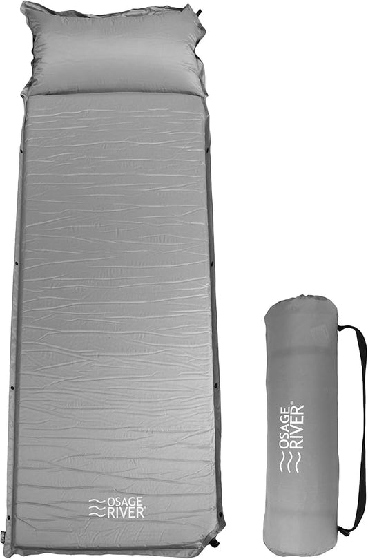 OSAGE RIVER Self Inflating Sleeping Pad with Built-in Pillow, Compact Memory Foam Sleep Mat, Camping Air Mattress for Tent, Travel, Backpacking, or Hiking, Grey