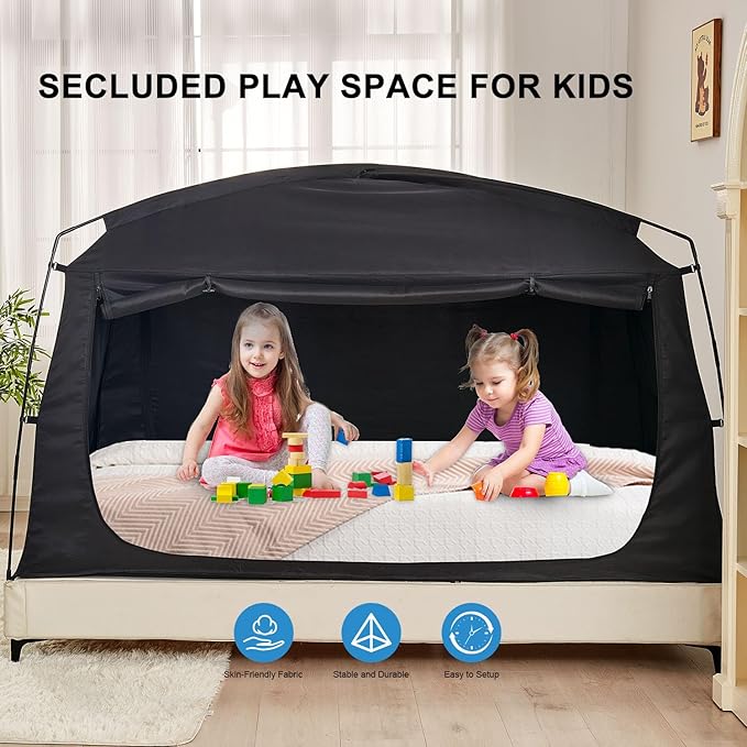 Privacy Sleep Indoor Bed Tent for Adults Kids, Portable Blackout 90% Canopy Tents with 3 Doors Breathable Mesh Windows