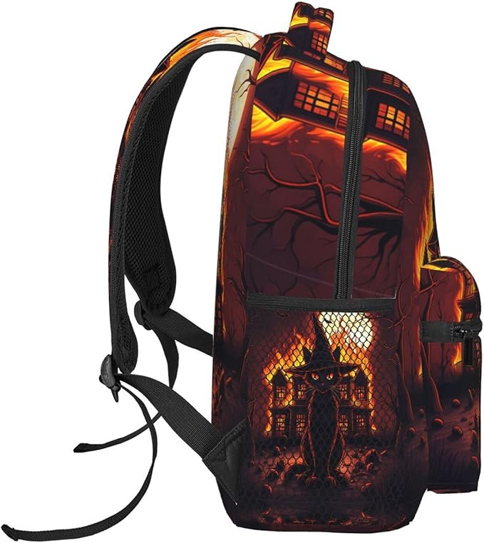 Daypack Backpack Multipurpose Anti-Theft Large Capacity Bookbag, Black Cat Witch Hat Old House Night Art Travel Hiking Camping Rucksack With Adjustable Shoulder Straps