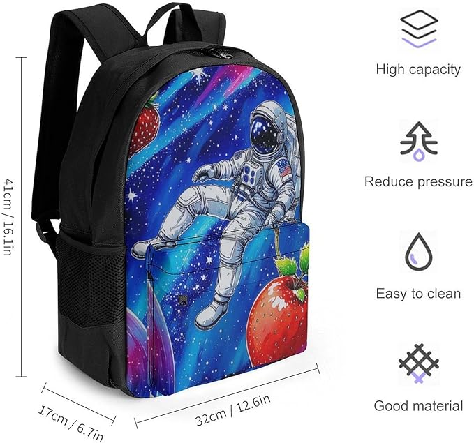 Supdreamc Daypack Backpack Anti-Theft Multipurpose Large Capacity Carry On Bag, Space Astronaut Galaxy Strawberry Art Traveling Camping Backpack With Side Pockets