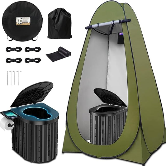 Camping Portable Toilet with Pop-Up Privacy Tent, Upgraded 15'' Height Folding Camping Toilet for All Ages, Outdoor Camping Portable Shower Enclosure Changing Tent