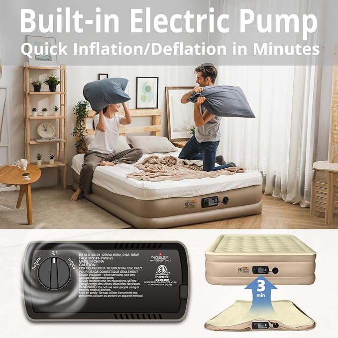 Simpli Comfy Inflatable 18” Queen Air Mattress with Built in Pump Self Inflating Blow Up Durable Heavy Duty Stay Firm Comfortable Air Bed Elevated for Home Guest Travel Relocate Camping